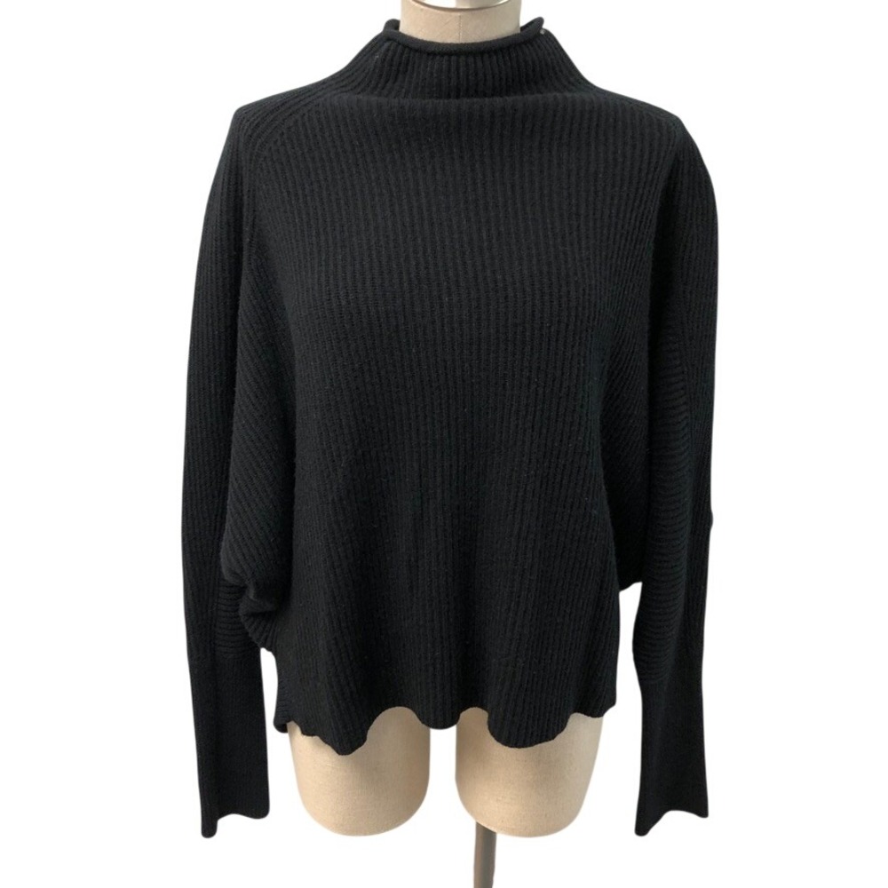 Elie Tahari Sweater Womens Medium Black Wool Cashmere Ribbed Batwing Mock Neck